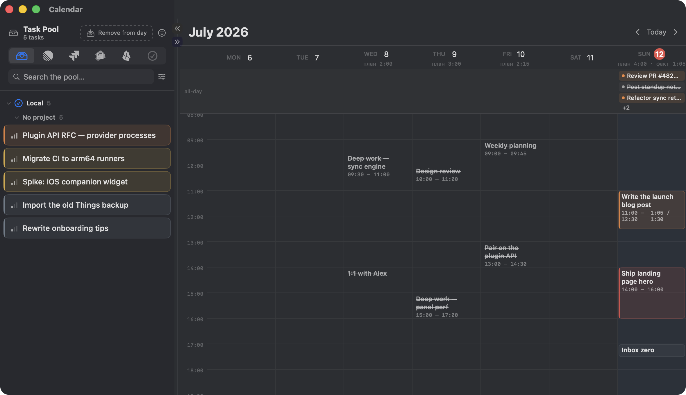 Week calendar with the Task Pool pane on the left, colored time blocks across the week, and plan-vs-fact totals per day