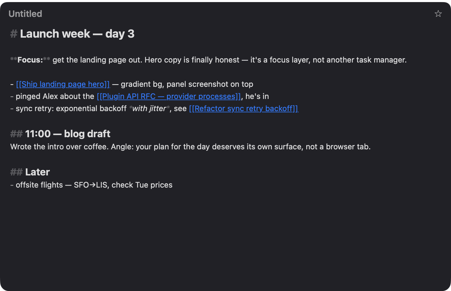 Floating Notes window: a daily journal note with live markdown and wiki-links pointing at tasks