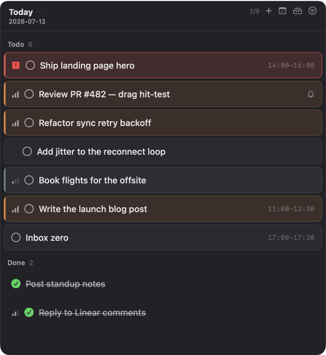 The Floating Todos panel on Today: prioritized tasks with time blocks, a subtask, and a done section — floating above an IDE